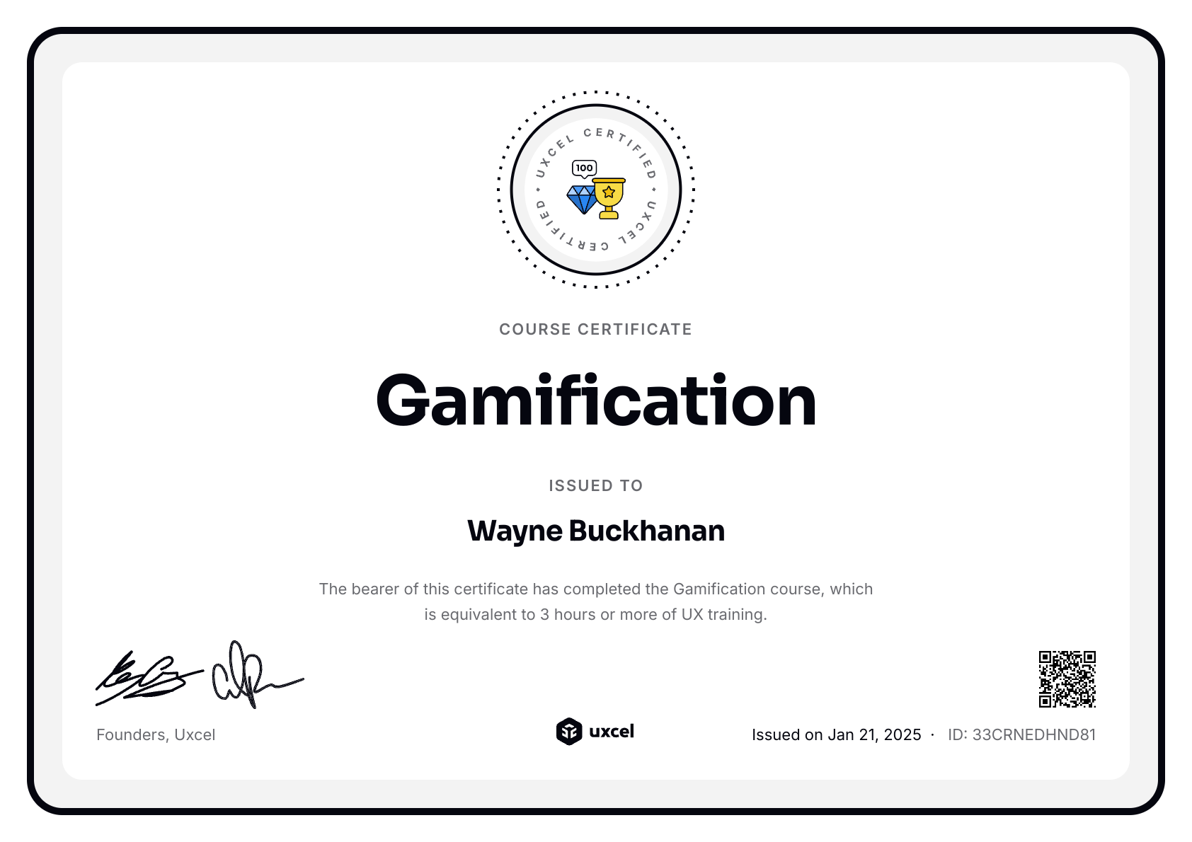 Wayne Buckhanan's certificate